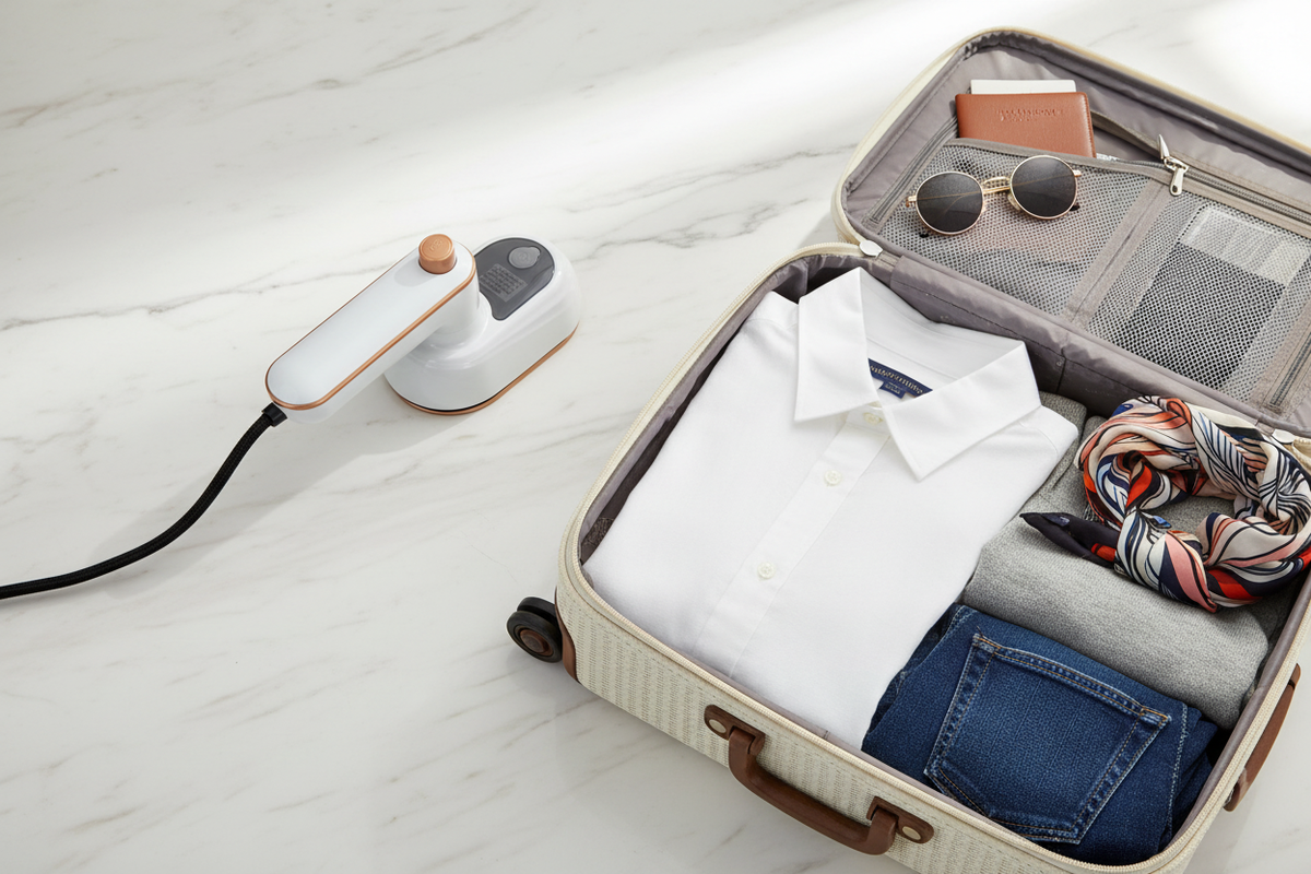 Krease white steam iron travel flatlay with suitcase