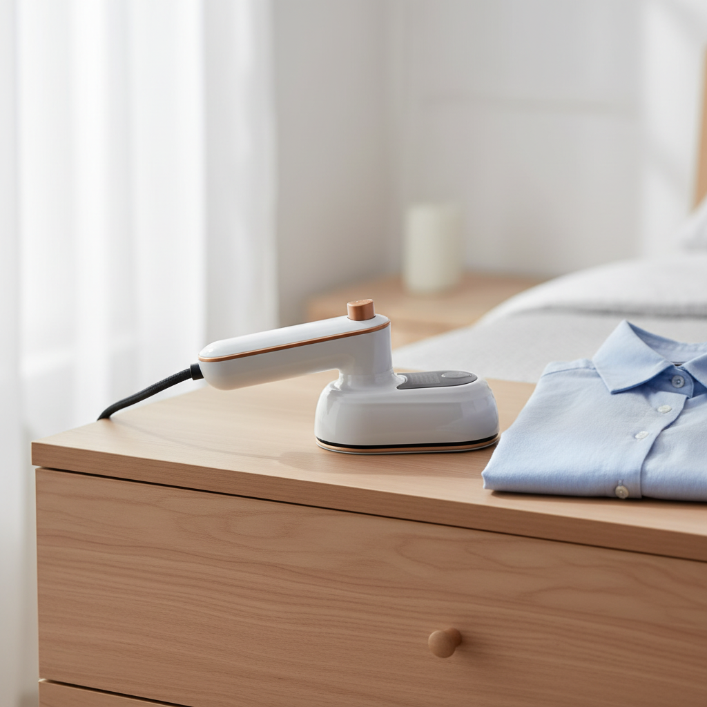 Krease white steam iron on wooden dresser
