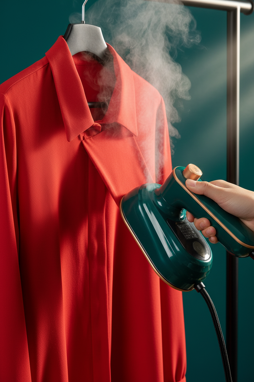 Krease green steam iron close-up with steam
