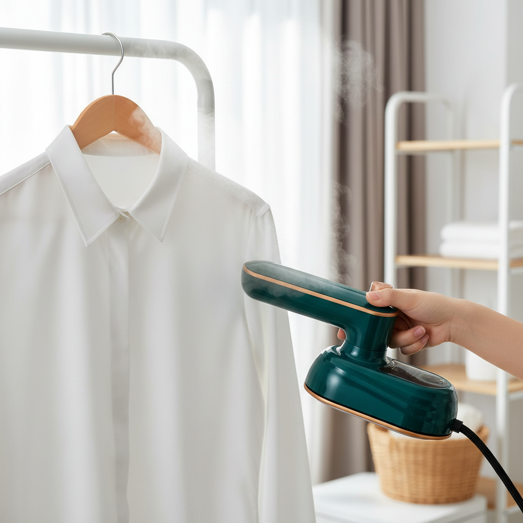 Krease green steam iron in use steaming a shirt