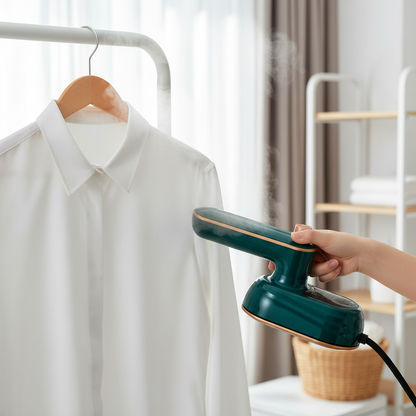 Krease green steam iron in use steaming a shirt